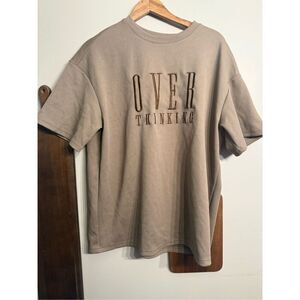 Cider Womens Brown Short Sleeve Oversized Over Thinking Graphic T-Shirt Small